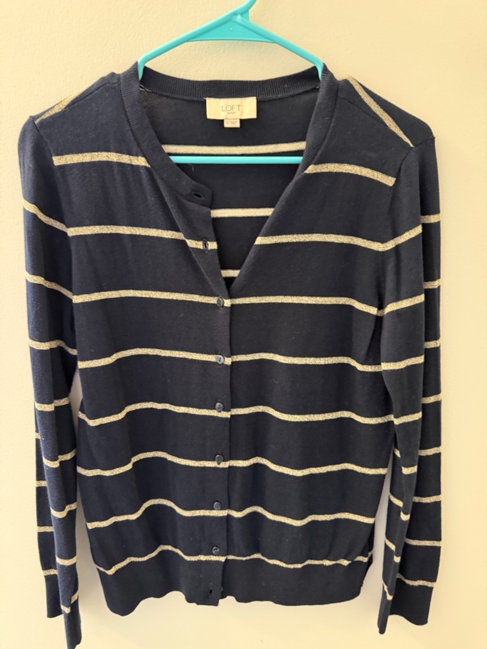 LOFT Navy Sweater with Metallic Gold Stripe Detail